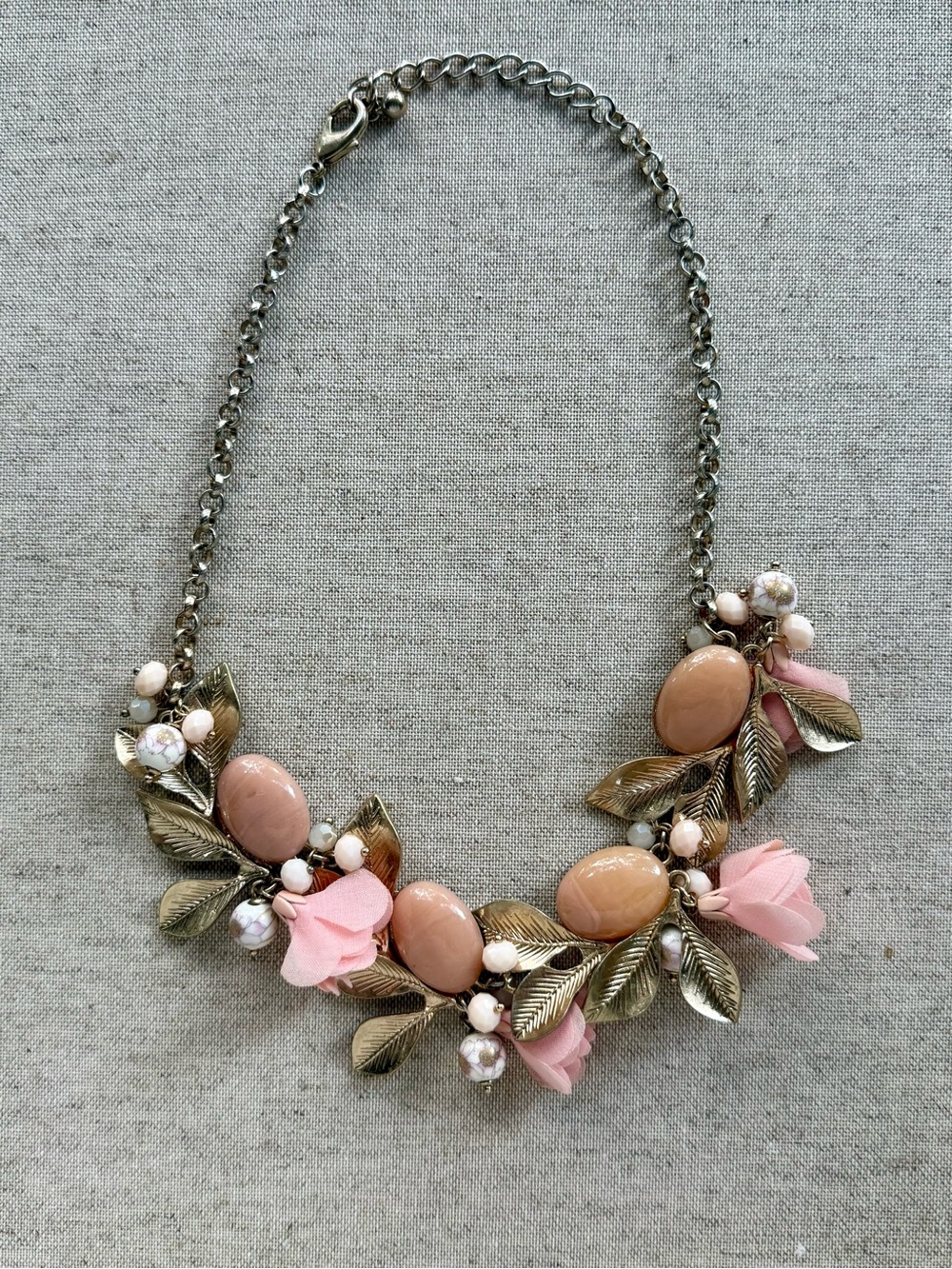 Anthropologie Pink Floral Statement Necklace | Blush Flowers & Gold Leaf